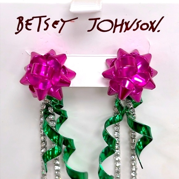 Brand New Betsey Johnson Metallic Pink Bow Ribbon Dangly Rhinestone Earrings - Picture 2 of 11
